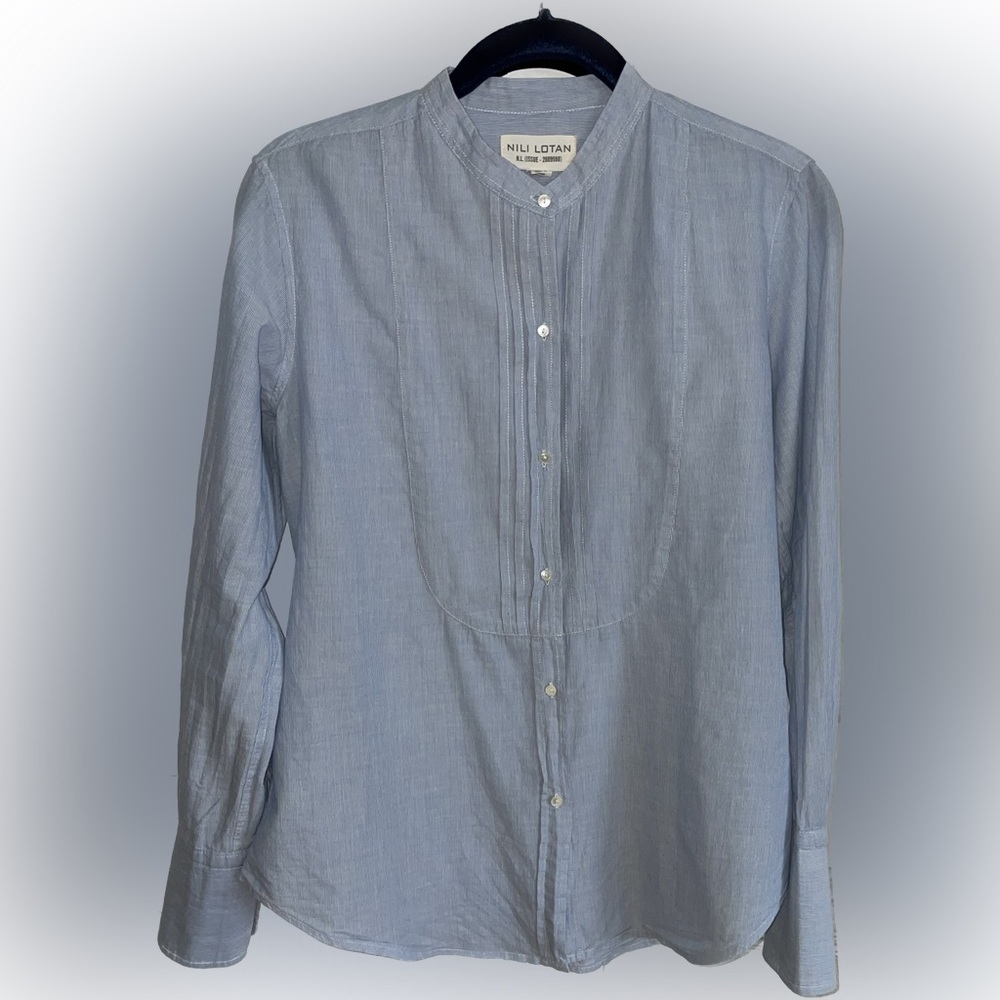 Nili Lotan mandarin collar tuxedo front subtle blue and white stipe button down